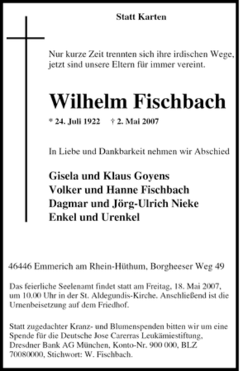 Traueranzeige von Wilhelm Fischbach von Tageszeitung