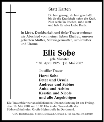 Traueranzeige von Elli Sobe von Tageszeitung