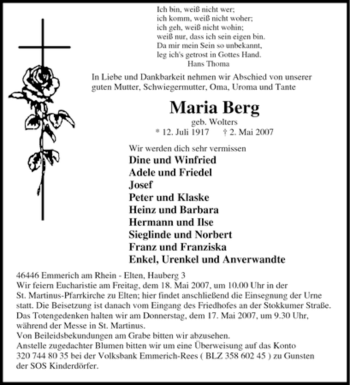 Traueranzeige von Maria Berg von Tageszeitung