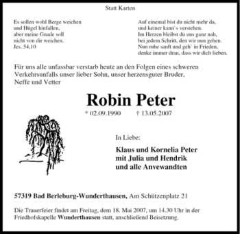 Traueranzeige von Robin Peter von Tageszeitung