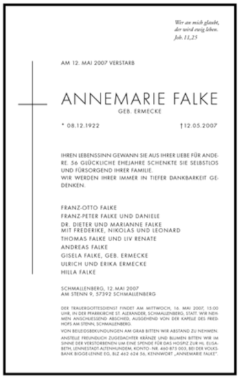 Traueranzeige von Annemarie Falke von Tageszeitung