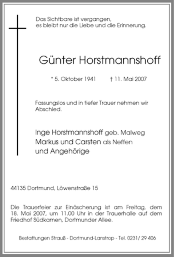Traueranzeige von Günter Horstmannshoff von Tageszeitung
