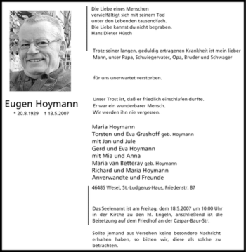 Traueranzeige von Eugen Hoymann von Tageszeitung