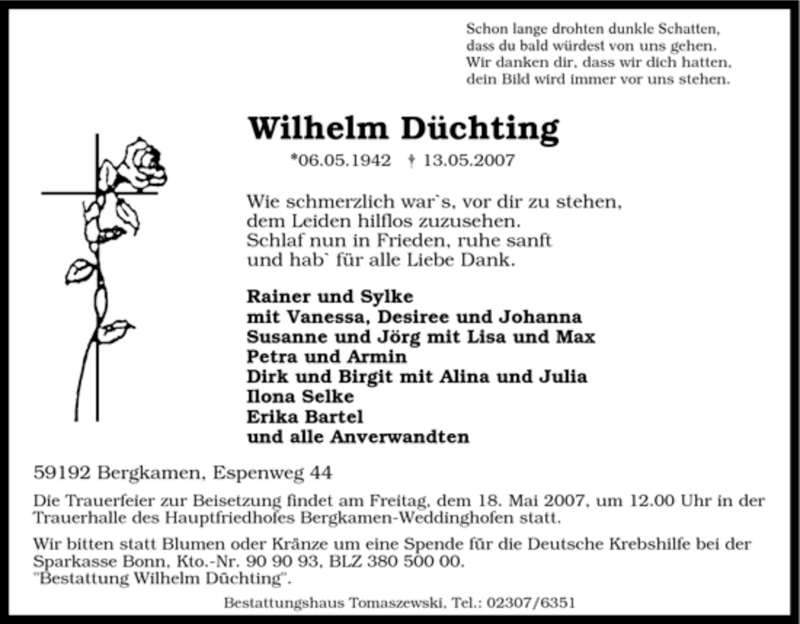  Traueranzeige für Wilhelm Düchting vom 15.05.2007 aus Tageszeitung