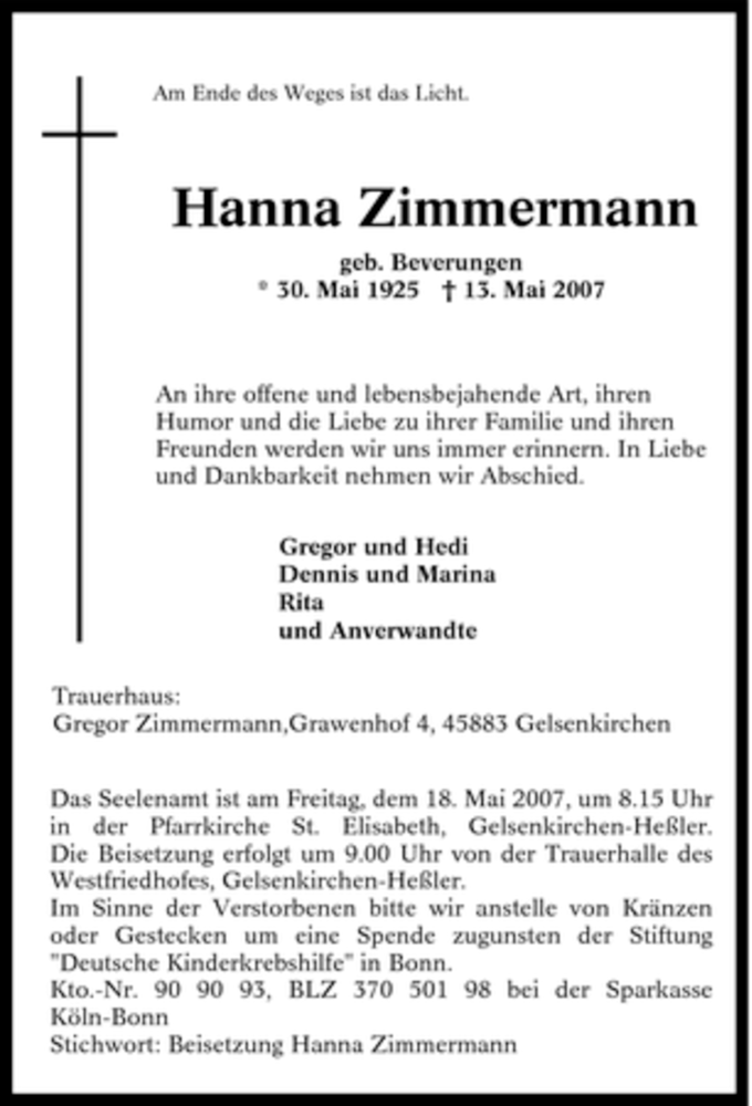  Traueranzeige für Hanna Zimmermann vom 15.05.2007 aus Tageszeitung