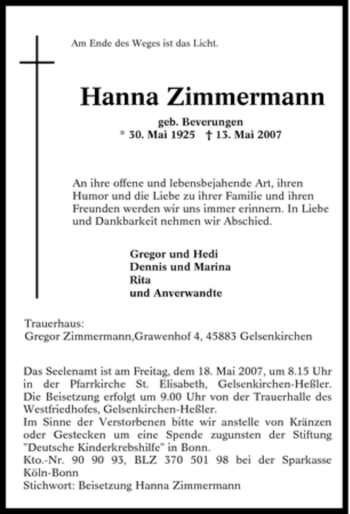 Traueranzeige von Hanna Zimmermann von Tageszeitung