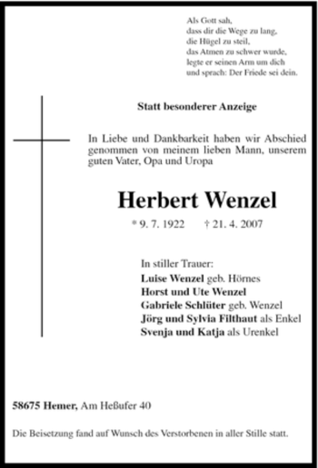 Traueranzeige von Herbert Wenzel von Tageszeitung