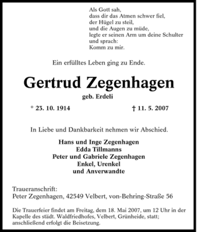  Traueranzeige für Gertrud Zegenhagen vom 15.05.2007 aus Tageszeitung