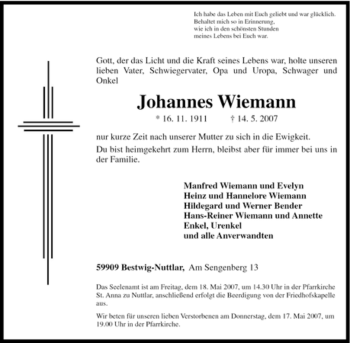 Traueranzeige von Johannes Wiemann von Tageszeitung