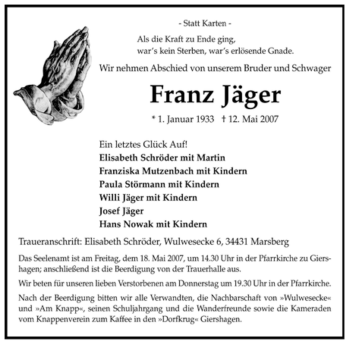 Traueranzeige von Franz Jäger von Tageszeitung