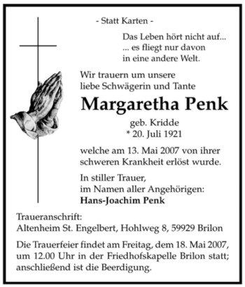 Traueranzeige von Margaretha Penk von Tageszeitung