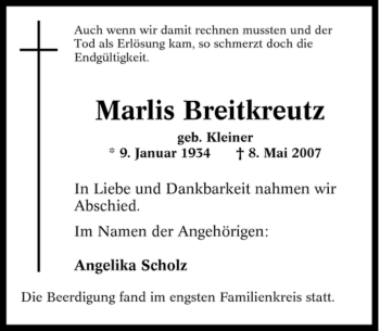 Traueranzeige von Marlis Breitkreutz von Tageszeitung