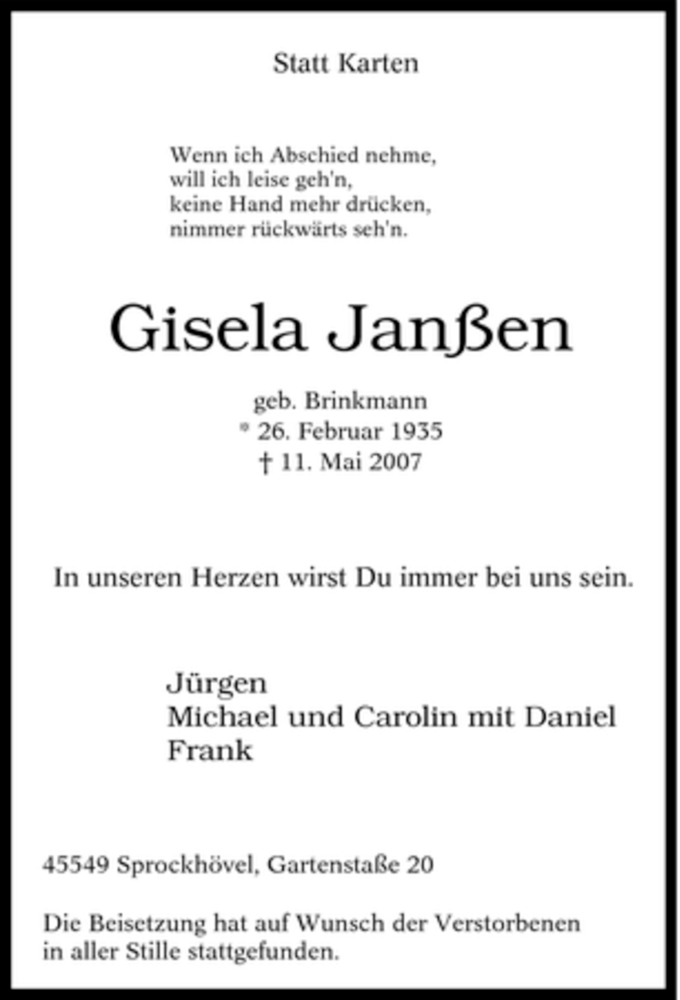  Traueranzeige für Gisela Janßen vom 16.05.2007 aus Tageszeitung