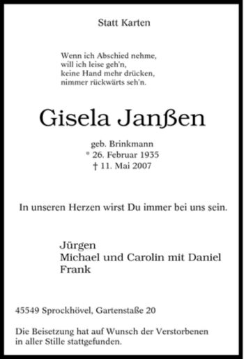 Traueranzeige von Gisela Janßen von Tageszeitung