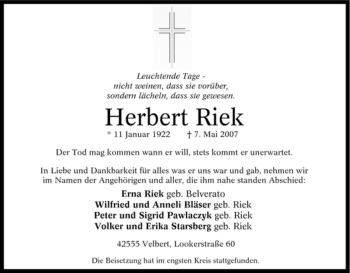 Traueranzeige von Herbert Riek von Tageszeitung