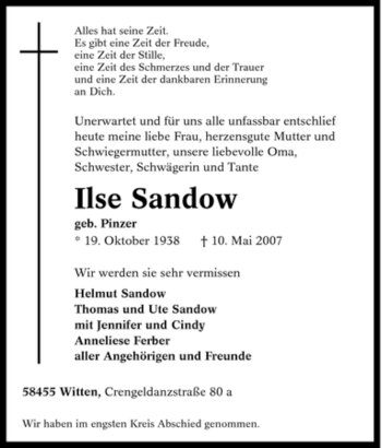 Traueranzeige von Ilse Sandow von Tageszeitung