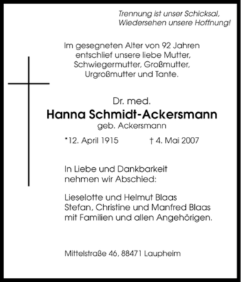 Traueranzeige von Hanna Schmidt-Ackersmann von Tageszeitung
