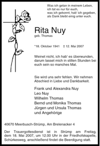 Traueranzeige von Rita Nuy von Tageszeitung