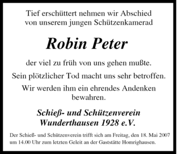Traueranzeige von Robin Peter von Tageszeitung