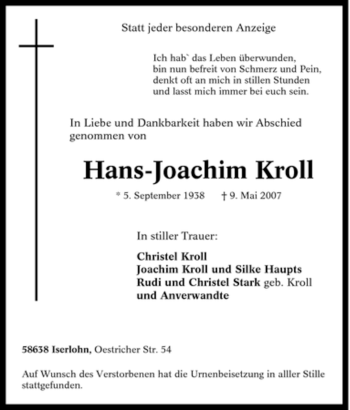 Traueranzeigen von HansJoachim Kroll TrauerinNRW.de
