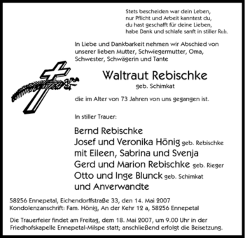 Traueranzeige von Waltraut Rebischke von Tageszeitung