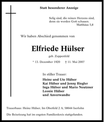 Traueranzeige von Elfriede Hülser von Tageszeitung