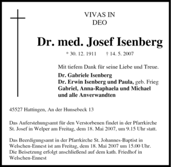 Traueranzeige von Josef Isenberg von Tageszeitung
