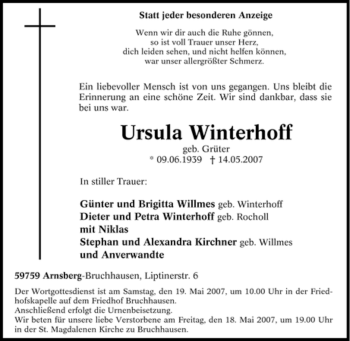 Traueranzeige von Ursula Winterhoff von Tageszeitung