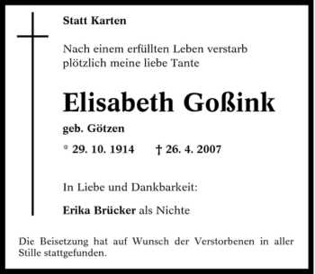 Traueranzeige von Elisabeth Goßink von Tageszeitung