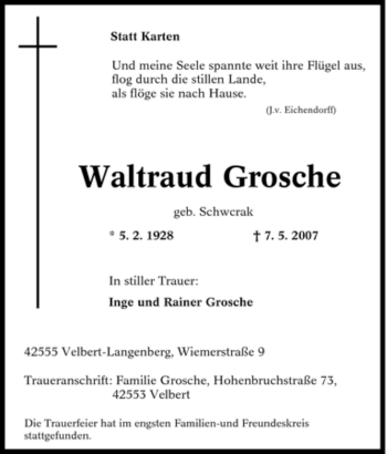 Traueranzeige von Waltraud Grosche von Tageszeitung