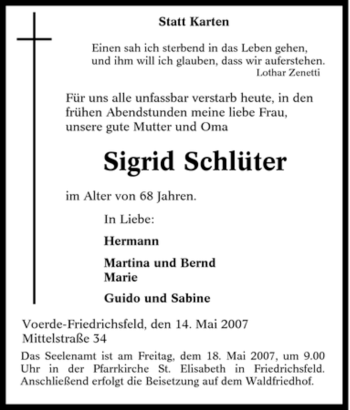 Traueranzeige von Sigrid Schlüter von Tageszeitung