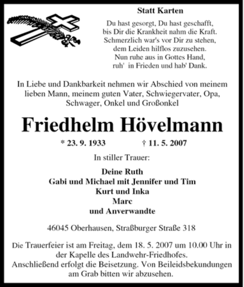  Traueranzeige für Friedhelm Hövelmann vom 16.05.2007 aus Tageszeitung