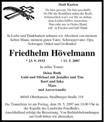 Traueranzeige von Friedhelm Hövelmann von Tageszeitung
