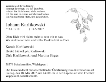 Traueranzeige von Johann Karlikowski von Tageszeitung