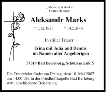 Traueranzeige von Aleksandr Marks von Tageszeitung