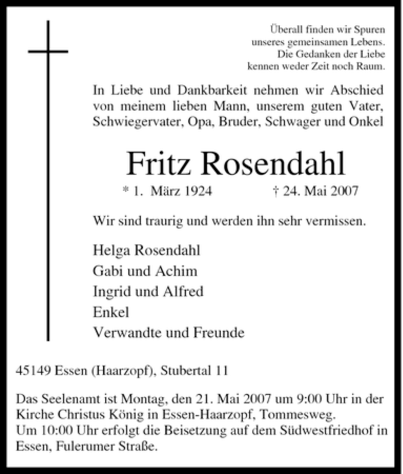  Traueranzeige für Fritz Rosendahl vom 16.05.2007 aus Tageszeitung