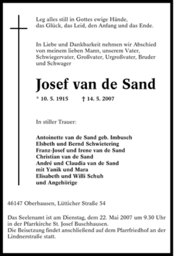 Traueranzeige von Josef van de Sand von Tageszeitung