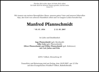 Traueranzeige von Manfred Pfannschmidt von Tageszeitung