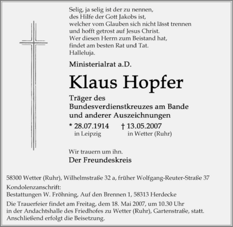  Traueranzeige für Klaus Hopfer vom 16.05.2007 aus Tageszeitung