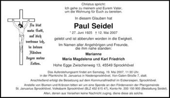 Traueranzeige von Paul Seidel von Tageszeitung