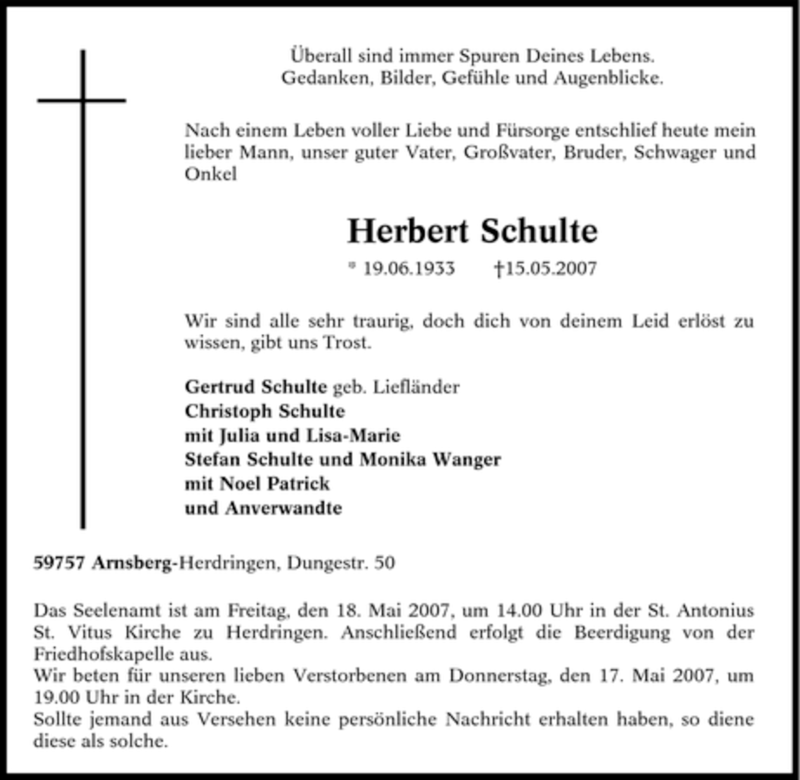  Traueranzeige für Herbert Schulte vom 16.05.2007 aus Tageszeitung