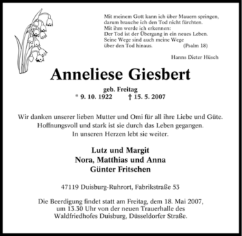 Traueranzeige von Anneliese Giesbert von Tageszeitung