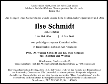 Traueranzeige von Ilse Schmidt von Tageszeitung