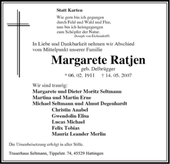 Traueranzeige von Margarete Ratjen von Tageszeitung