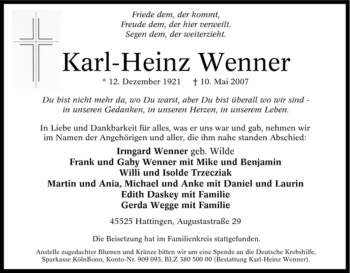 Traueranzeige von Karl-Heinz Wenner von Tageszeitung