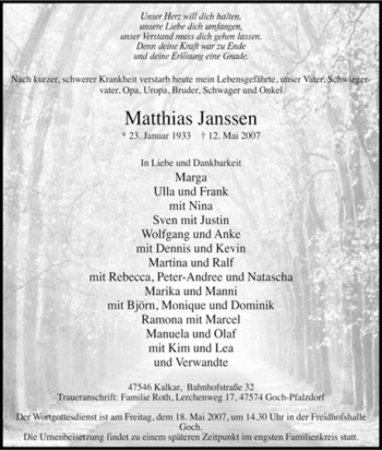 Traueranzeige von Matthias Janssen von Tageszeitung