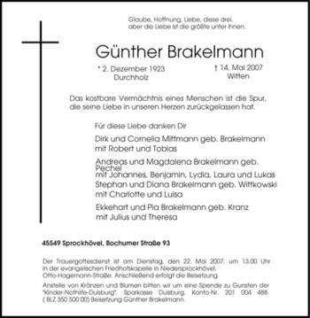 Traueranzeige von Günther Brakelmann von Tageszeitung