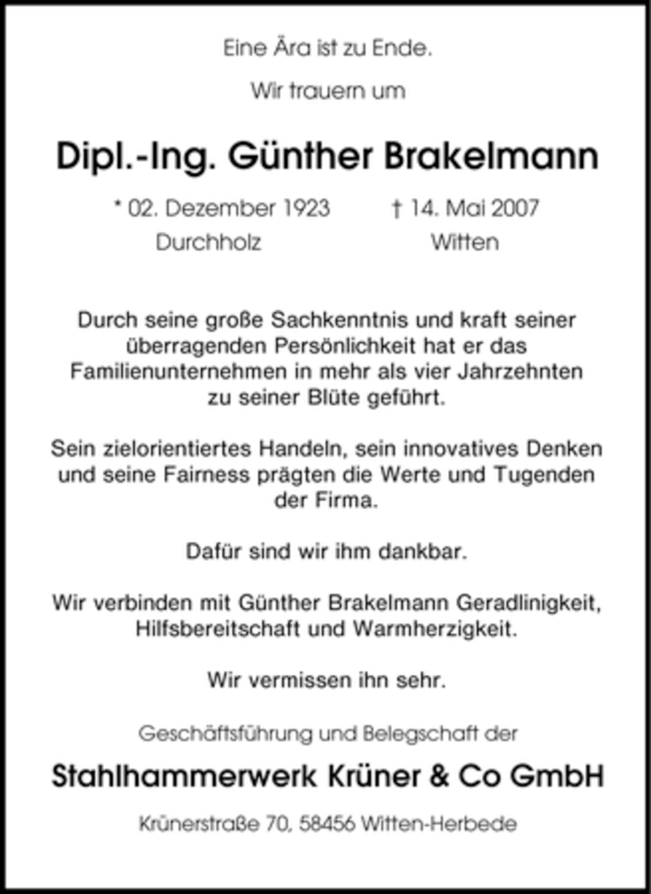  Traueranzeige für Günther Brakelmann vom 17.05.2007 aus Tageszeitung