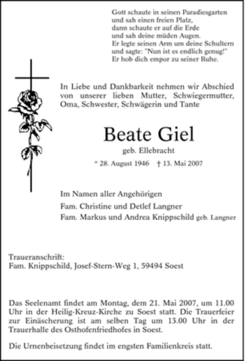 Traueranzeige von Beate Giel von Tageszeitung