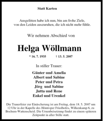 Traueranzeige von Helga Wöllmann von Tageszeitung
